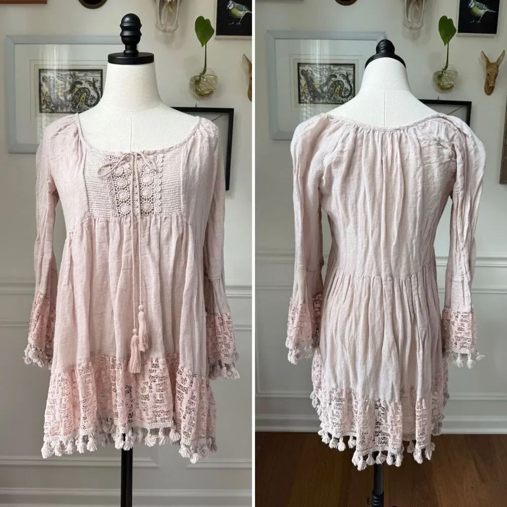 Boston Proper Tunic Blouse Blush Pink Lace Crochet Boho Fairy Romantic Pink M